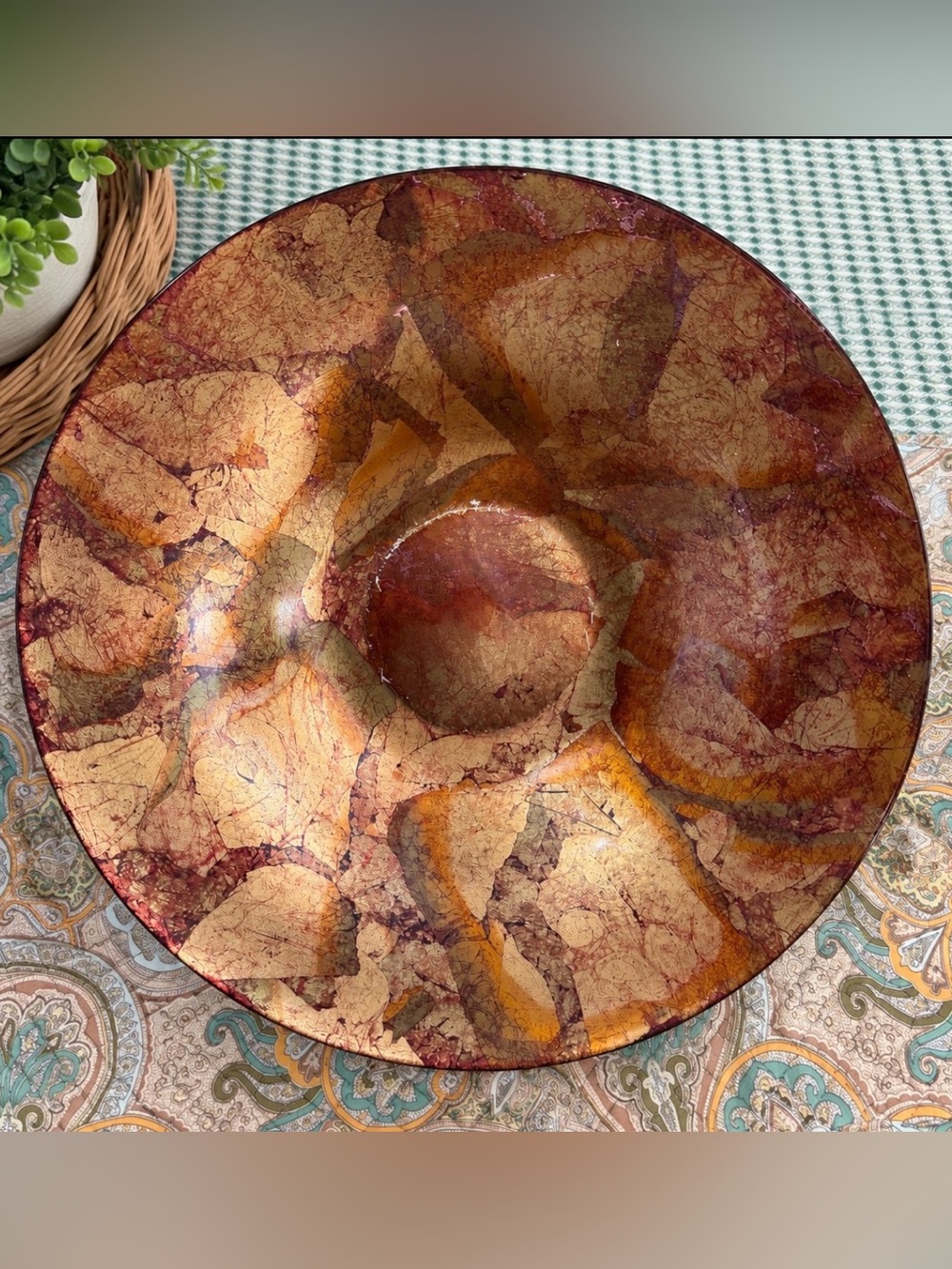16” Art Class Bowl Venezia Venice Italy Decorative Bowl Burgundy Gold Boho Cente